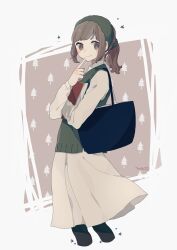 Rule 34 | 1girl, artist name, bag, black bag, blush stickers, book, brown eyes, brown hair, closed mouth, commentary request, cropped legs, dress, finger to own chin, green hairband, green hat, hairband, hat, highres, holding, holding book, long hair, long sleeves, looking at viewer, maco22, original, pantyhose, patterned background, pine tree, ponytail, shirt, shoulder bag, sidelocks, signature, skirt, smile, solo, sparkle, star (symbol), tree, white shirt, white skirt