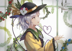 Rule 34 | 1girl, baddream, bird, black hat, blue flower, blue rose, chinese commentary, collared shirt, commentary, dove, flower, flower wreath, frilled shirt collar, frilled sleeves, frills, from side, green eyes, hat, hat flower, hat ribbon, heart, heart of string, highres, komeiji koishi, long sleeves, looking at another, open mouth, profile, red flower, red rose, ribbon, rose, shirt, short hair, silver hair, smile, solo, string, touhou, upper body, wavy hair, white flower, white rose, wide sleeves, wreath, yellow ribbon, yellow shirt