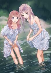 2girls :d atelier_(series) atelier_lulua bare_shoulders blue_eyes blunt_bangs brown_hair clothes_lift commentary_request dress elmerulia_frixell kishida_mel long_hair looking_at_viewer multiple_girls official_art open_mouth outdoors pink_hair puffy_short_sleeves puffy_sleeves rorolina_frixell second-party_source short_sleeves skirt skirt_lift sleeveless sleeveless_dress smile standing wading water wet wet_clothes white_dress