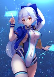 Rule 34 | 1girl, absurdres, blue bow, blue jacket, blush, bow, breasts, closed mouth, commentary request, competition swimsuit, cropped jacket, fate/grand order, fate (series), hair between eyes, hair bow, hand up, high ponytail, highleg, highleg swimsuit, highres, holographic interface, jacket, looking at viewer, medium breasts, one-piece swimsuit, open clothes, open jacket, ponytail, puffy short sleeves, puffy sleeves, red eyes, shibakame, short sleeves, silver hair, smile, solo, swimsuit, thigh strap, tomoe gozen (fate), tomoe gozen (swimsuit saber) (fate), tomoe gozen (swimsuit saber) (first ascension) (fate), white one-piece swimsuit