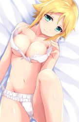 Rule 34 | 1girl, alternate costume, bad id, bad pixiv id, bare arms, bare legs, bare shoulders, bikini, blonde hair, blue eyes, breasts, cleavage, closed mouth, collarbone, come hither, commentary, eyebrows, groin, highres, idolmaster, idolmaster cinderella girls, light smile, looking at viewer, lying, medium breasts, navel, on back, oversized clothes, short hair, solo, stomach, swimsuit, twilimi, umeki otoha, underboob, white bikini
