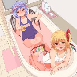 Rule 34 | 2girls, bare shoulders, bath, bathing, bathtub, blush, bow, covered navel, fang, flandre scarlet, hair bow, highres, inari (inariya), looking at viewer, multicolored wings, multiple girls, old school swimsuit, one-piece swimsuit, open mouth, partially submerged, pointy ears, remilia scarlet, rubber duck, same-sex bathing, school swimsuit, shared bathing, short hair, siblings, sisters, smile, sweat, swimsuit, touhou, white one-piece swimsuit, white school swimsuit, wings