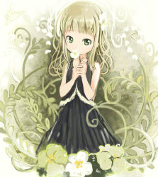 Rule 34 | 1girl, abe kanari, bare shoulders, black dress, blonde hair, blunt bangs, child, covering face, covering own mouth, covering privates, dress, flower, green eyes, hair flower, hair ornament, highres, holding, holding flower, long hair, original, own hands together, signature, solo
