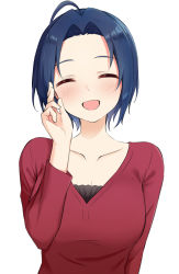 Rule 34 | 1girl, ^ ^, ^o^, ahoge, blouse, blue hair, blush, breasts, cleavage, closed eyes, collarbone, dark blue hair, forehead, hand up, head tilt, highres, idolmaster, idolmaster (classic), idolmaster million live!, medium breasts, miura azusa, parted bangs, red shirt, shirt, short hair, simple background, solo, tennen inari, upper body, v-neck, white background
