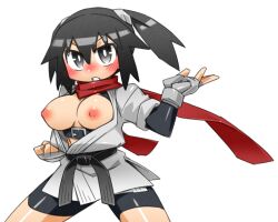 Rule 34 | 1girl, belt, bike shorts, black belt, black eyes, black footwear, black hair, breasts, breasts out, cannsk, clenched hand, commentary request, cowboy shot, dougi, fighting stance, kurogane arumi, large breasts, nipples, original, red scarf, scarf, serious, solo, twintails, v-shaped eyebrows