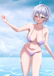 Rule 34 | 1girl, ;d, absurdres, anastasia (idolmaster), bare arms, bare shoulders, bikini, blue eyes, breasts, collarbone, commentary request, day, gluteal fold, groin, hair between eyes, halterneck, highres, horizon, idolmaster, idolmaster cinderella girls, large breasts, navel, ocean, one eye closed, open mouth, outdoors, pizzasi, purple bikini, short hair, silver hair, smile, solo, standing, string bikini, swimsuit, thigh gap, water