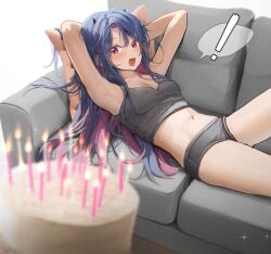 Rule 34 | !, 1girl, absurdres, armpits, arms behind head, arms up, bare arms, bare shoulders, birthday cake, blue hair, blurry, blurry foreground, breasts, cake, camisole, candle, colored inner hair, couch, crop top, depth of field, food, grey shirt, grey shorts, highres, horns, jeon-eo konoshiro, konoshiro (bbakasatang), lying, medium breasts, micro shorts, midriff, multicolored hair, navel, on back, on couch, open mouth, original, pillow, pink hair, red eyes, shirt, shorts, sleeveless, sleeveless shirt, solo, spaghetti strap, spoken exclamation mark, stomach, thighs, two-tone hair