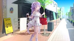Rule 34 | 1girl, absurdres, amiya aranha, amiya aranha (1st costume), bag, black ribbon, bow, cafe, clothing cutout, commission, cowlick, cup, dress, hairband, handbag, heart, highres, holding, holding cup, iced coffee, indie virtual youtuber, lolita hairband, outdoors, pantyhose, purple bow, purple eyes, purple pantyhose, red bag, ribbon, second-party source, shadow, shop, shoulder cutout, sign, single leg pantyhose, sky, smile, socks, solo, tree, two side up, virtual youtuber, white dress, white hairband, white socks, yami ara