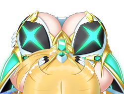 Rule 34 | 1girl, blonde hair, breasts, cleavage, cleavage cutout, clothing cutout, from above, large breasts, looking down, lukari, mythra (xenoblade), solo, xenoblade chronicles (series), xenoblade chronicles 2