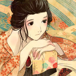 Rule 34 | bare shoulders, black hair, head rest, highres, japanese clothes, kimono, original, solo, xr650r