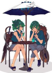 Rule 34 | 1boy, 1girl, alternate costume, arm support, bare shoulders, belt, blue eyes, bow, casual, clothes writing, creature, crossed legs, curly hair, dragon quest, dragon quest iv, drinking straw, earrings, ebira, food, green hair, hair between eyes, hair bun, hair up, hand on own cheek, hand on own face, hat, hat on back, hero (dq4), heroine (dq4), ice cream, jewelry, knees together feet apart, long hair, looking at viewer, pants, pants rolled up, ponytail, ring, sandals, shadow, sheath, sheathed, shield, shirt, shoes, simple background, single hair bun, sitting, skirt, slime (dragon quest), sneakers, spoon, sword, t-shirt, table, tank top, umbrella, v-neck, weapon, white background