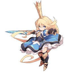 Rule 34 | 1girl, armor, armored boots, black footwear, black thighhighs, blonde hair, blue dress, blue eyes, blush, boots, breastplate, charlotta (granblue fantasy), chibi, crown, dress, full body, gauntlets, granblue fantasy, hair between eyes, highres, holding, holding sword, holding weapon, karukan (monjya), long hair, looking at viewer, mini crown, outstretched arms, parted lips, puffy short sleeves, puffy sleeves, short sleeves, simple background, solo, spread arms, standing, sword, thigh boots, thighhighs, v-shaped eyebrows, very long hair, weapon, white background