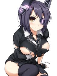 Rule 34 | 10s, 1girl, black thighhighs, breasts, brown eyes, burnt clothes, cardigan, covered erect nipples, don (29219), eyepatch, gloves, headgear, kantai collection, large breasts, necktie, purple hair, school uniform, short hair, solo, tenryuu (kancolle), thighhighs