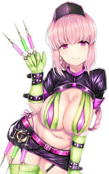 Rule 34 | 1girl, between fingers, bikini, black skirt, blush, boots, braid, breasts, cleavage, cowboy shot, fate/grand order, fate (series), florence nightingale (fate), florence nightingale (trick or treatment) (fate), gloves, green gloves, green thighhighs, highres, holding, large breasts, long hair, looking at viewer, mature female, miniskirt, multicolored bikini, multicolored clothes, nano (syoutamho), navel, official alternate costume, pink hair, red eyes, shrug (clothing), simple background, skirt, solo, stomach, swimsuit, syringe, thigh boots, thighhighs