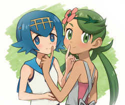 Rule 34 | 2girls, :t, alternate color, bare arms, bare shoulders, black one-piece swimsuit, blue eyes, blue hair, blue sailor collar, blush, bright pupils, closed mouth, commentary request, creatures (company), dark-skinned female, dark skin, finger to another&#039;s mouth, flower, freckles, game freak, green background, green eyes, green hair, hair between eyes, hair flower, hair ornament, hairband, hand up, holding, lana (pokemon), long hair, looking at viewer, looking to the side, low twintails, mallow (pokemon), meis (terameisu), multiple girls, nintendo, one-piece swimsuit, pink flower, pink shirt, pokemon, pokemon sm, sailor collar, school swimsuit, shirt, short hair, sleeveless, sleeveless shirt, smile, swept bangs, swimsuit, swimsuit under clothes, tareme, twintails, undershirt, upper body, white background, white shirt