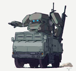 Rule 34 | absurdres, beige background, blue eyes, dated, glowing, glowing eyes, gun, highres, jgsdf type 07 tank natchin, mecha, military, military truck, military vehicle, moi moi7, motor vehicle, no humans, original, pointing, robot, truck, vehicle focus, weapon
