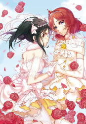 Rule 34 | 10s, 2girls, absurdres, aer (tengqiu), beads, black hair, bow, dress, earrings, elbow gloves, eyes visible through hair, flower, from side, gloves, hair bow, highres, holding hands, interlocked fingers, jewelry, looking at viewer, looking back, love live!, love live! school idol festival, love live! school idol project, multiple girls, nishikino maki, parted lips, petals, purple eyes, red eyes, red flower, red hair, red rose, rose, see-through, short hair, strapless, strapless dress, thighhighs, tiara, twintails, wedding dress, yazawa nico, yuri, zettai ryouiki