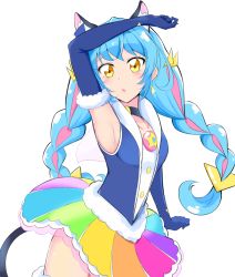 Rule 34 | 1girl, :o, animal ear fluff, animal ears, arm up, armpits, bad id, bad pixiv id, black choker, blue cat (precure), blue gloves, blue hair, blush, brooch, cat ears, cat tail, choker, cure cosmo, elbow gloves, gloves, haruzu2000, jewelry, long hair, looking at viewer, magical girl, multicolored clothes, multicolored skirt, precure, simple background, skirt, solo, star twinkle precure, tail, twintails, white background, yellow eyes