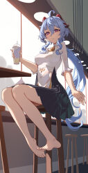 Rule 34 | 1girl, absurdres, ahoge, bare legs, barefoot, black skirt, blue hair, breasts, commentary, cqc no hashi neko, cup, disposable cup, feet, ganyu (genshin impact), ganyu (heytea) (genshin impact), genshin impact, highres, holding, holding cup, horns, indoors, legs, long hair, looking at viewer, medium breasts, official alternate costume, parted lips, pleated skirt, purple eyes, shirt, short sleeves, sitting, skirt, solo, stool, toes, very long hair, white shirt