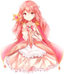Rule 34 | 1girl, :o, backlighting, blush, bow, brooch, cape, center frills, collarbone, commentary request, crystal, dress, flower, frilled dress, frills, gem, green gemstone, hair between eyes, hair flower, hair ornament, hands up, holding, holding wand, jewelry, kiku (ks5832), long hair, long sleeves, looking at viewer, original, parted lips, pink bow, pink cape, pink dress, pink eyes, pink flower, pink hair, simple background, solo, sparkle, star (symbol), wand, white background