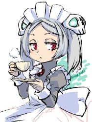 Rule 34 | 1girl, apron, bloody marie (skullgirls), blush, bow, brooch, cup, fire, frilled apron, frills, grey hair, hair ornament, half-closed eyes, highres, jewelry, maid headdress, mtk hoshi, plate, red eyes, skull hair ornament, skullgirls, solo, teacup, twintails, upper body, white background