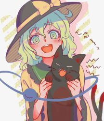 Rule 34 | 1girl, :3, animal, black cat, black headwear, blush, bow, cat, cat tail, curly hair, closed eyes, fangs, green eyes, green hair, happy, heart, highres, holding, holding animal, holding cat, jacket, kaenbyou rin, kaenbyou rin (cat), komeiji koishi, multiple tails, nekomata, open mouth, satsuki mei (17maymay14), simple background, sound effects, striped, striped background, tail, touhou, two tails, whiskers, yellow bow, yellow jacket