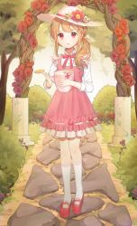 Rule 34 | 1girl, absurdres, arch, bird, bow, brown hair, day, dress, floral arch, flower, full body, hair ornament, hat, hat flower, highres, light brown hair, long hair, looking at viewer, moffle (2019), open mouth, original, outdoors, path, pink bow, pink dress, pinwheel, ponytail, red eyes, red footwear, road, shoes, socks, solo, standing, watering can, white socks
