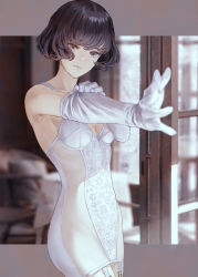 Rule 34 | 1girl, black hair, blurry, blurry background, bob cut, breasts, closed mouth, depth of field, dress, elbow gloves, expressionless, garter straps, gloves, grey eyes, highres, kaoming, letterboxed, original, outside border, outstretched arm, paid reward available, see-through, see-through dress, short hair, small breasts, solo, standing, white dress, white gloves