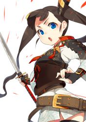 Rule 34 | 1girl, armor, belt, belt skirt, black thighhighs, blue eyes, bridal gauntlets, brown hair, buckle, hair ornament, highres, japanese armor, japanese clothes, long hair, open mouth, original, panties, pantyshot, ribbon, shoulder armor, skirt, sode, solo, ssberit, striped clothes, striped panties, sword, thighhighs, transparent background, twintails, underwear, upskirt, weapon