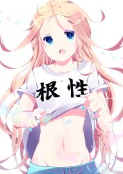 Rule 34 | 1girl, aoi nana, bad id, bad pixiv id, blonde hair, blue eyes, clothes writing, collarbone, long hair, midriff, navel, open mouth, original, shirt, short sleeves, solo, translation request, very long hair