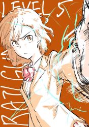 Rule 34 | 1girl, :&lt;, blazer, bob cut, bow, bowtie, brown background, brown eyes, brown hair, brown jacket, dress shirt, dutch angle, electricity, electrokinesis, foreshortening, frown, furrowed brow, jacket, looking to the side, misaka mikoto, outstretched arm, parted bangs, shirt, short hair, sketch, solo, toaru kagaku no railgun, toaru majutsu no index, translated, upper body, white shirt