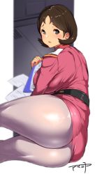 Rule 34 | 1girl, amamiya, artist name, ass, belt, blue eyes, blurry, blush, breasts, brown hair, depth of field, dress uniform, fallen down, gundam, highres, huge ass, indoors, large breasts, looking at viewer, looking back, lying, military, military uniform, mirai yashima, mobile suit gundam, open mouth, pantyhose, pink uniform, shiny clothes, shiny skin, short hair, sideboob, solo, thighs, uniform, white pantyhose