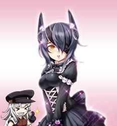 Rule 34 | 10s, 2girls, alternate costume, black dress, bow, dress, dress bow, eyepatch, gangut (kancolle), glint, gothic lolita, gradient background, headgear, kantai collection, layered sleeves, lolita fashion, looking at viewer, multiple girls, one eye covered, purple hair, short hair, tenryuu (kancolle), thumbs up, tk8d32, v-shaped eyebrows, yellow eyes