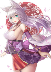 Rule 34 | 1girl, animal ears, aqua eyes, armpits, arms at sides, bare back, bare shoulders, blush, bow, bracelet, breasts, cleavage, detached sleeves, dog ears, dog tail, from side, graphite (medium), highres, jewelry, large bow, large breasts, long hair, looking at viewer, mizuya nao, open mouth, original, petals, pleated skirt, purple thighhighs, sideboob, skirt, smile, solo, standing, tail, tassel, thighhighs, thighs, traditional media, white hair, wide sleeves, zettai ryouiki