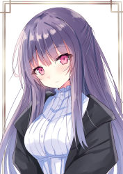 Rule 34 | 1girl, black jacket, blush, breasts, closed mouth, commentary request, dress, fern (sousou no frieren), half updo, head tilt, highres, hizaka, jacket, long hair, looking at viewer, medium breasts, purple hair, red eyes, solo, sousou no frieren, upper body, very long hair, white background, white dress