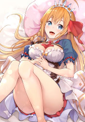 Rule 34 | 1girl, :d, ahoge, ascot, bed sheet, blue eyes, blush, braid, brat (brabrabrat00), breasts, brown hair, cleavage, convenient leg, feet out of frame, hair between eyes, hair ribbon, knees together feet apart, knees up, large breasts, long hair, looking at viewer, lying, on back, open mouth, pecorine (princess connect!), pillow, pleated skirt, princess connect!, puffy short sleeves, puffy sleeves, red ascot, red ribbon, red skirt, ribbon, short sleeves, shrug (clothing), skirt, smile, solo, teeth, tiara, upper teeth only, very long hair