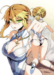 Rule 34 | 1girl, ahoge, artoria pendragon (all), artoria pendragon (fate), artoria pendragon (swimsuit ruler) (fate), artoria pendragon (swimsuit ruler) (second ascension) (fate), ass, backboob, bare back, bare shoulders, blonde hair, boots, braid, breasts, bright pupils, cleavage, cleavage cutout, clothing cutout, colored eyelashes, commentary request, fate/grand order, fate (series), from behind, green eyes, hair between eyes, hair bun, high heel boots, high heels, highres, holding, holding clothes, ishida akira, kneeling, large breasts, looking at viewer, looking back, multiple views, one-piece swimsuit, parted lips, short hair, side-tie swimsuit, single hair bun, swimsuit, white one-piece swimsuit