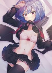 Rule 34 | 1girl, absurdres, arm up, bat wings, black serafuku, black shirt, black skirt, black thighhighs, blue hair, bra, breasts, cleavage, clothes in mouth, clothes lift, collarbone, crop top, crop top overhang, groin, highres, kawachi rin, lifting own clothes, long sleeves, looking at viewer, miniskirt, mouth hold, navel, open clothes, open skirt, pleated skirt, red eyes, remilia scarlet, sailor collar, school uniform, serafuku, shirt, shirt in mouth, shirt lift, short hair, skirt, small breasts, solo, stomach, stomach day, thighhighs, touhou, underwear, white bra, wings