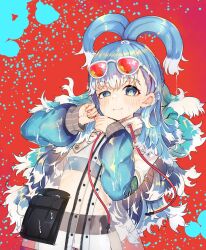 Rule 34 | 1girl, black pants, blue background, blue eyes, blue hair, blue hoodie, blue jacket, blush, bright pupils, closed mouth, commentary, cowboy shot, cropped hoodie, drawstring, dripping, earclip, earrings, eyewear on head, foeyp, gradient background, highres, hololive, hololive indonesia, hood, hood down, hoodie, jacket, jewelry, kobo kanaeru, leaning back, light smile, liquid hair, long hair, long sleeves, looking at viewer, midriff, multicolored hair, narrowed eyes, own hands together, pants, pocket, raincoat, raised eyebrow, red-tinted eyewear, red background, ringed eyes, see-through, see-through jacket, sexually suggestive, sleeves past wrists, smile, solo, splatter, standing, suggestive fluid, sunglasses, tinted eyewear, topknot, transparent raincoat, two-tone hair, two-tone hoodie, two-tone pants, unzipped, very long hair, virtual youtuber, w arms, wet, wet clothes, wet face, wet hair, white-framed eyewear, white hair, white hoodie, white pants, white pupils