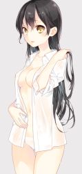Rule 34 | 1girl, black hair, breasts, character request, dress shirt, long hair, looking at viewer, naoto (tulip), navel, nipples, no bra, open clothes, open mouth, open shirt, original, panties, see-through, shirt, simple background, solo, thigh gap, underwear, wet, wet clothes, wet shirt, white panties, white shirt, yellow eyes