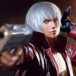 Rule 34 | 1boy, blurry, dante (devil may cry), depth of field, devil may cry, devil may cry (series), devil may cry 3, dual wielding, gun, handgun, holding, ilya kuvshinov, jacket, lips, male focus, open clothes, open jacket, realistic, red jacket, short hair, solo, upper body, weapon, white hair