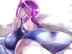 Rule 34 | 10s, 1girl, air mattress, ass, back, bad id, bad pixiv id, blue one-piece swimsuit, breast rest, breasts, cameltoe, curvy, dodai shouji, foreshortening, from behind, gradient background, hair between eyes, hair ribbon, highres, hoshizora ikuyo, huge ass, huge breasts, lips, long hair, looking at viewer, looking back, lying, mature female, on stomach, one-piece swimsuit, perspective, ponytail, precure, purple eyes, purple hair, ribbon, sagging breasts, school swimsuit, shiny clothes, smile, smile precure!, solo, swimsuit, thick thighs, thighs, wet, wet clothes