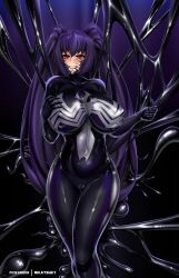 absurdres black_hair bodysuit breasts cleavage corruption highres large_breasts latex neptune_(series) noire_(neptunia) parasite red_eyes rikatsuky slime_(substance) symbiote venom_(marvel)