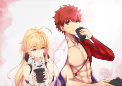 Rule 34 | 1boy, 1girl, ahoge, artoria caster (fate), artoria caster (first ascension) (fate), artoria pendragon (fate), bare shoulders, blonde hair, blush, brown eyes, cape, cup, drinking, emiya shirou, fate/grand order, fate (series), green eyes, holding, holding cup, igote, limited/zero over, red hair, senji muramasa (fate), shiro font, signature, smile, spiked hair, tea, toned, toned male, twintails, twitter username, yunomi