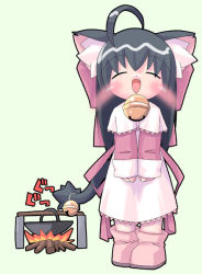 Rule 34 | 1girl, ahoge, animal ears, bell, black hair, blush, cat ears, cat tail, fang, fire, open mouth, solo, tail, tail bell, tail ornament