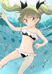 Rule 34 | 1girl, air bubble, anchovy (girls und panzer), backlighting, barashiya, bikini, black bikini, black ribbon, bubble, closed mouth, commentary, drill hair, fish, frilled bikini, frills, girls und panzer, green hair, hair ribbon, highres, holding breath, long hair, looking at viewer, navel, red eyes, ribbon, smile, solo, submerged, sunlight, swimsuit, twin drills, twintails, underwater