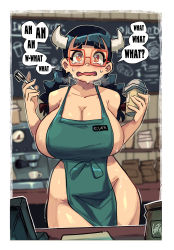 Rule 34 | 1girl, absurdres, apron, barista, blurry, blurry background, blush, braid, breasts, cleavage, cup, disposable cup, english text, gerph, glasses, green apron, highres, holding, holding cup, iced latte with breast milk (meme), large breasts, looking at viewer, meme, naked apron, original, red-framed eyewear, solo, sweat, tears, trembling, twin braids