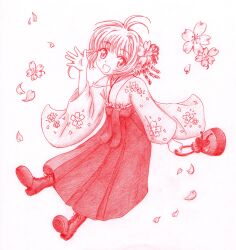 Rule 34 | 1girl, :d, absurdres, ahoge, bag, boots, cardcaptor sakura, cherry blossom print, cherry blossoms, commentary, cross-laced footwear, dot nose, drawstring, floral print, flower, full body, hair flower, hair ornament, hair ribbon, hakama, highres, holding, holding bag, jagaimocorn, japanese clothes, kimono, kinchaku, kinomoto sakura, looking at viewer, medium hair, monochrome, open mouth, petals, pleated skirt, pouch, print kimono, red theme, retro artstyle, ribbon, simple background, skirt, sleeves past elbows, smile, solo, white background, wide sleeves
