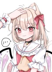Rule 34 | ..., 1girl, absurdres, animal ears, ascot, bell, black collar, blonde hair, blush, bow, closed mouth, collar, collared shirt, flandre scarlet, frilled shirt collar, frills, hair between eyes, hair bow, highres, jingle bell, kemonomimi mode, light smile, looking at viewer, mea 0127, medium hair, one side up, puffy short sleeves, puffy sleeves, red bow, red eyes, red ribbon, red vest, ribbon, shirt, short sleeves, sleeve ribbon, solo focus, speech bubble, spoken ellipsis, touhou, upper body, vest, white shirt, wings, wrist cuffs, yellow ascot