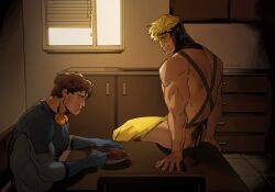 Rule 34 | 2boys, apron, ass, bara, blonde hair, blue beetle, blue bodysuit, bodysuit, booster gold, brown hair, closed mouth, dc comics, eating, highres, holding, holding spoon, large pectorals, looking at another, male focus, melonnabar, multiple boys, muscular, muscular male, naked apron, nude, pectorals, short hair, sitting, sitting on table, smile, spoon, twitter username, yaoi, yellow apron